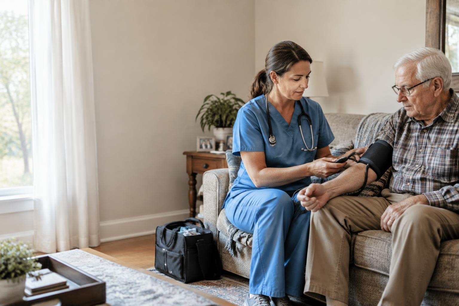 A visiting medical provider checking an older patient’s blood pressure at home