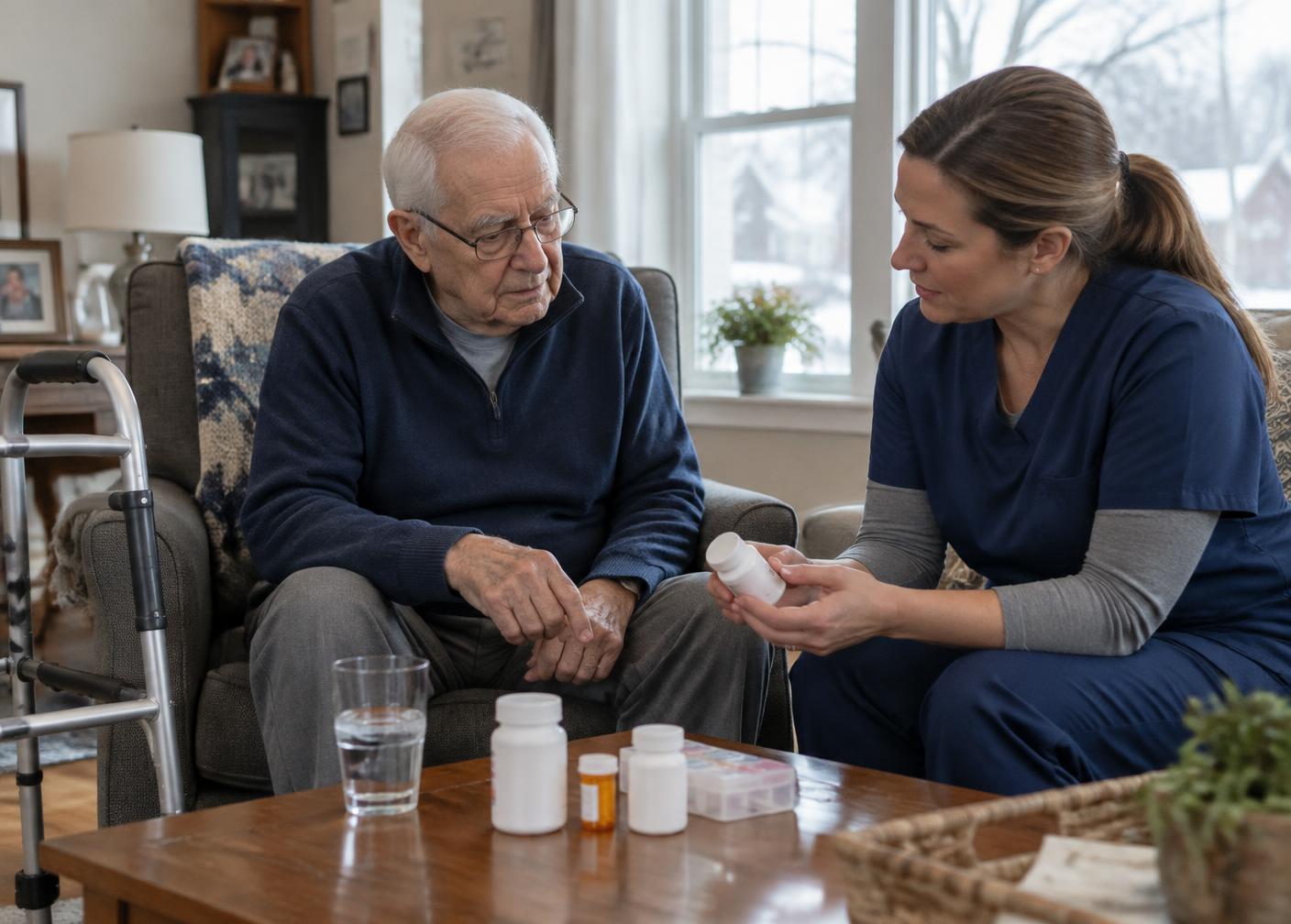 A visiting clinician reviewing medication after a hospital stay