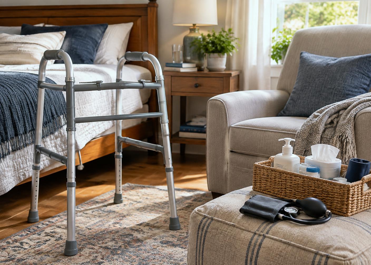 A walker and home medical supplies arranged in a bedroom