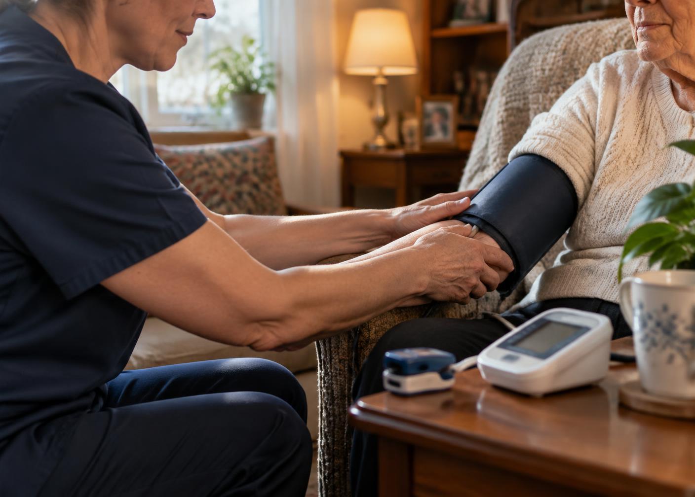A visiting provider performing a blood pressure check in a patient’s home
