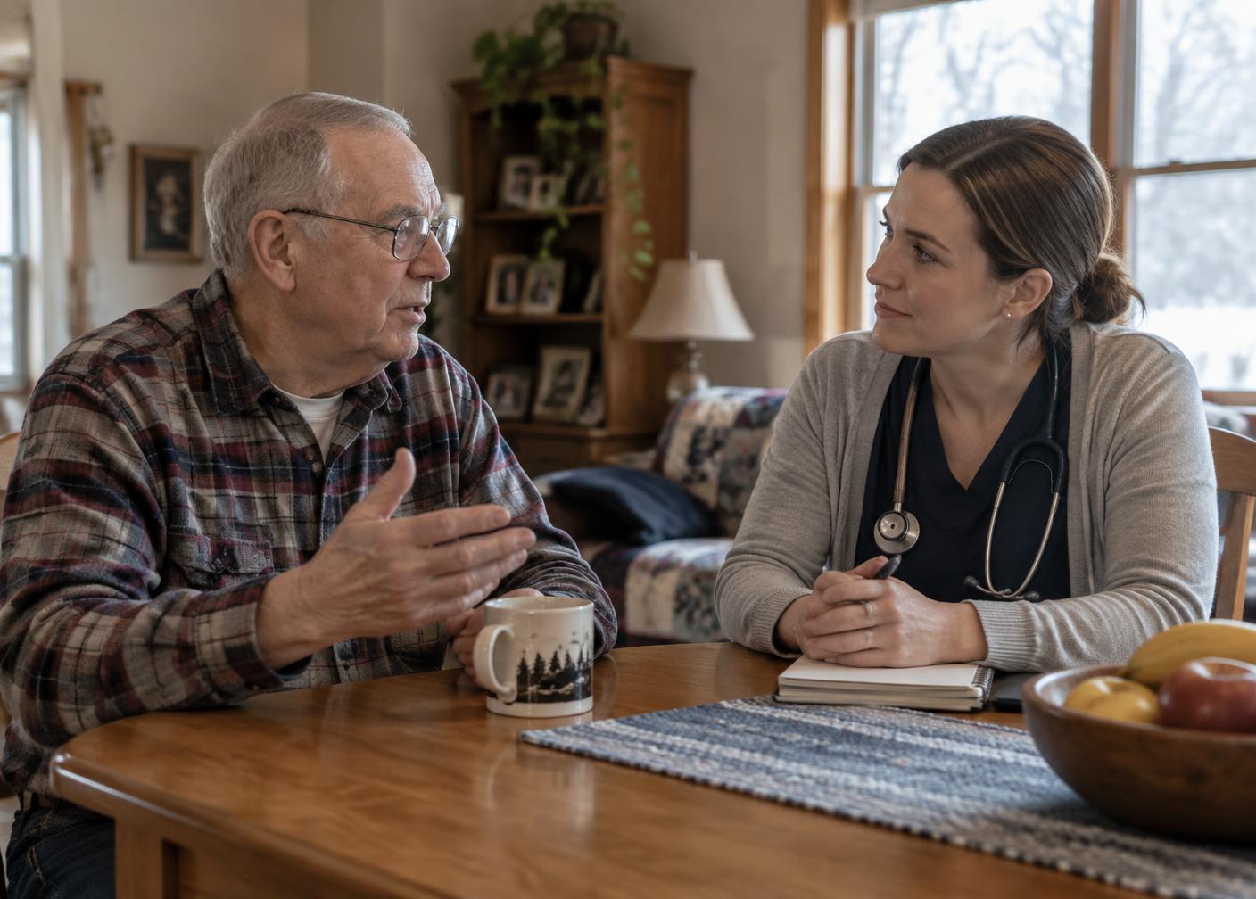 An older patient talking with a visiting provider at his dining table